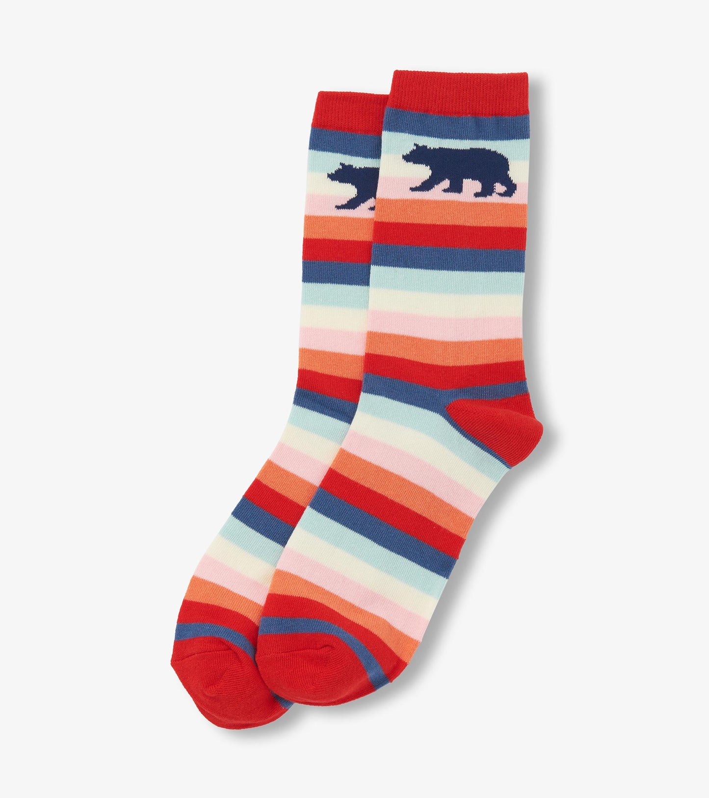 Colorful crew socks featuring a striped pattern in red, blue, and pastel shades with bear silhouettes. One size fits all.