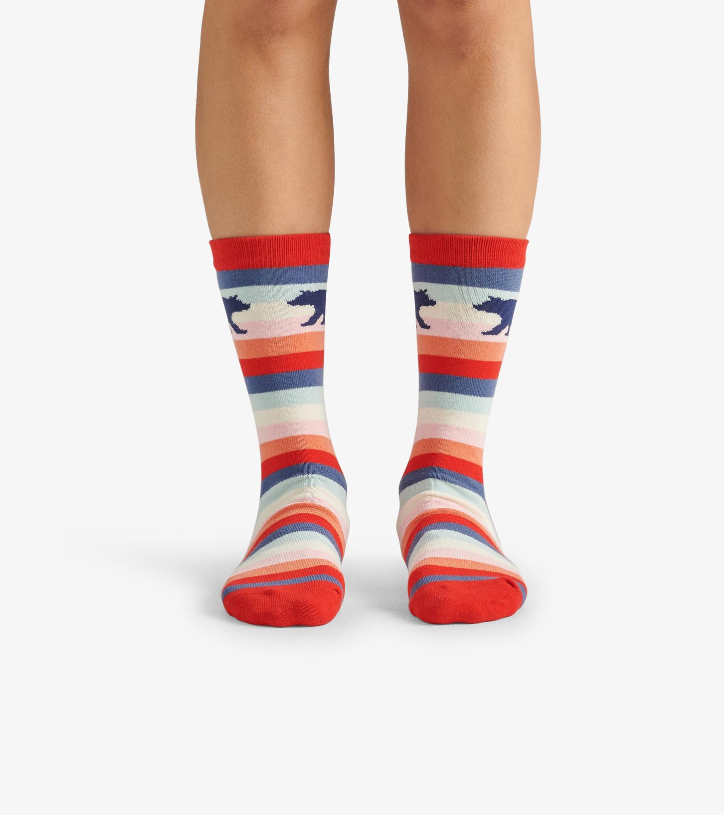 Colorful crew socks featuring stripes in red, blue, and pastel shades with bear silhouettes. One size fits most.