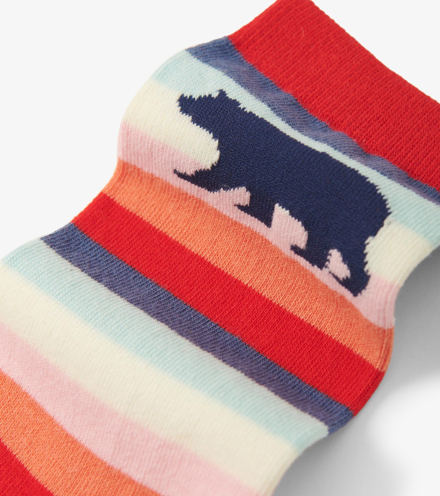 Colorful crew socks featuring horizontal stripes and a bear silhouette in navy against a multicolored background.