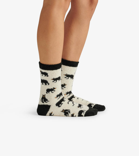 Cream crew socks featuring black bear patterns and black trim, designed for comfort and casual wear.