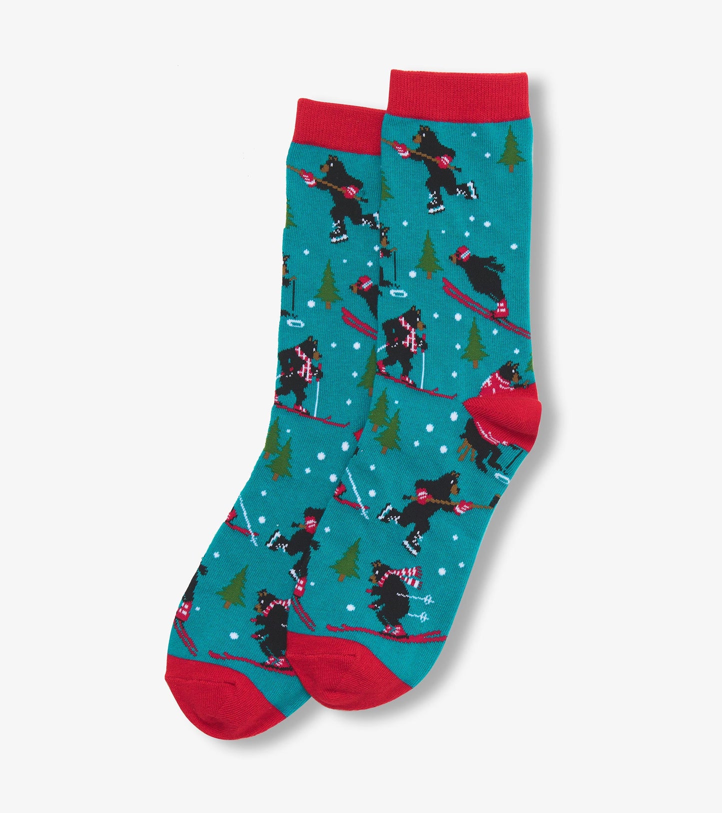 Teal crew socks featuring playful winter scenes with bears skiing, accented with red cuffs and toe. One size fits all.
