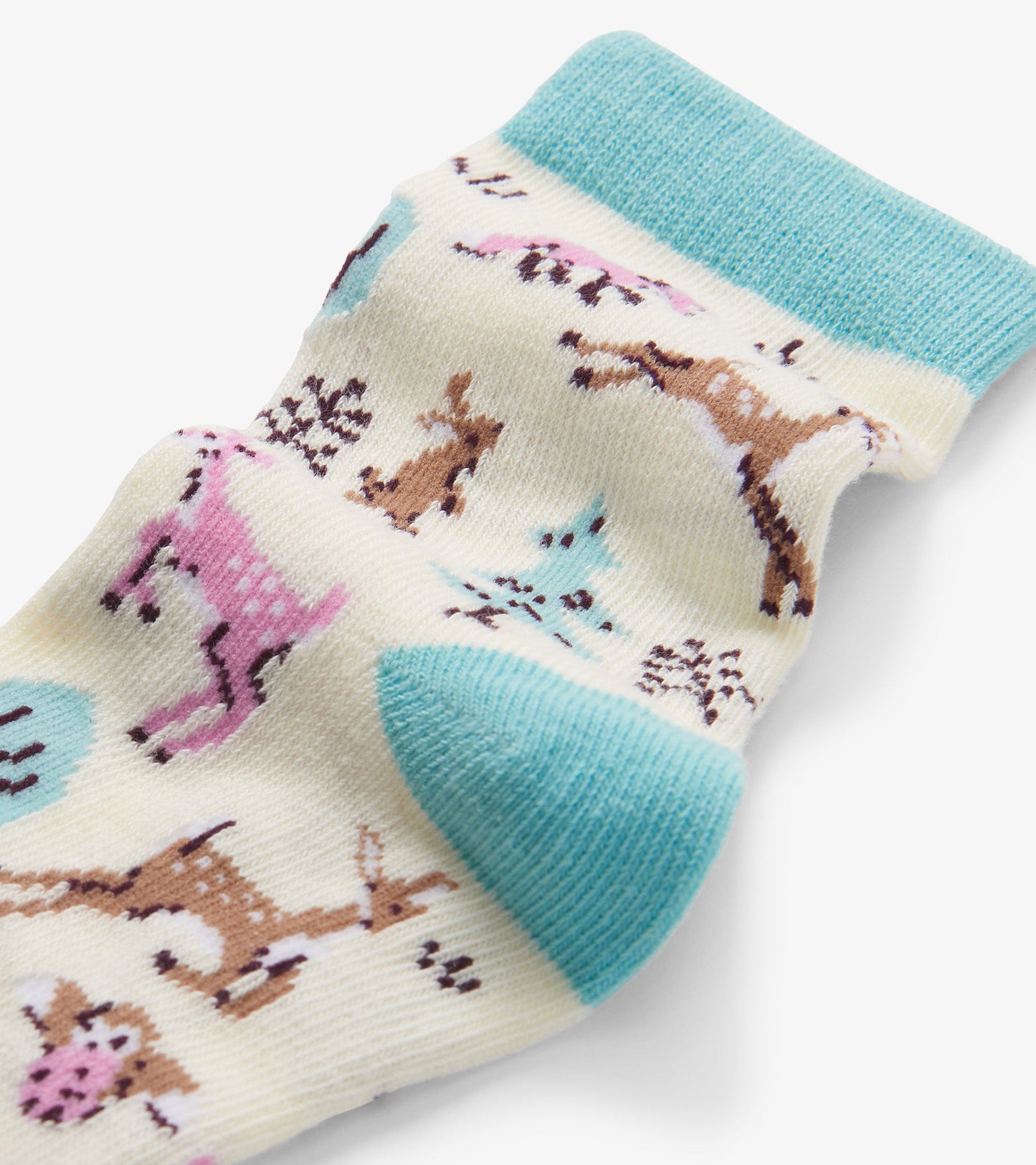 Cream crew socks featuring colorful forest animal patterns and a light blue cuff and toe. Suitable for ages 2-7.