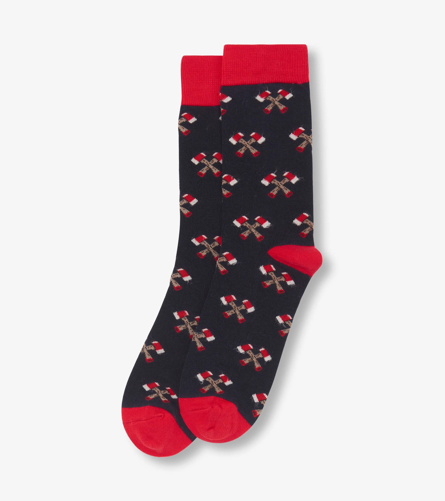 Navy crew socks with red accents and a festive pattern of candy canes and gingerbread men. One size fits all.