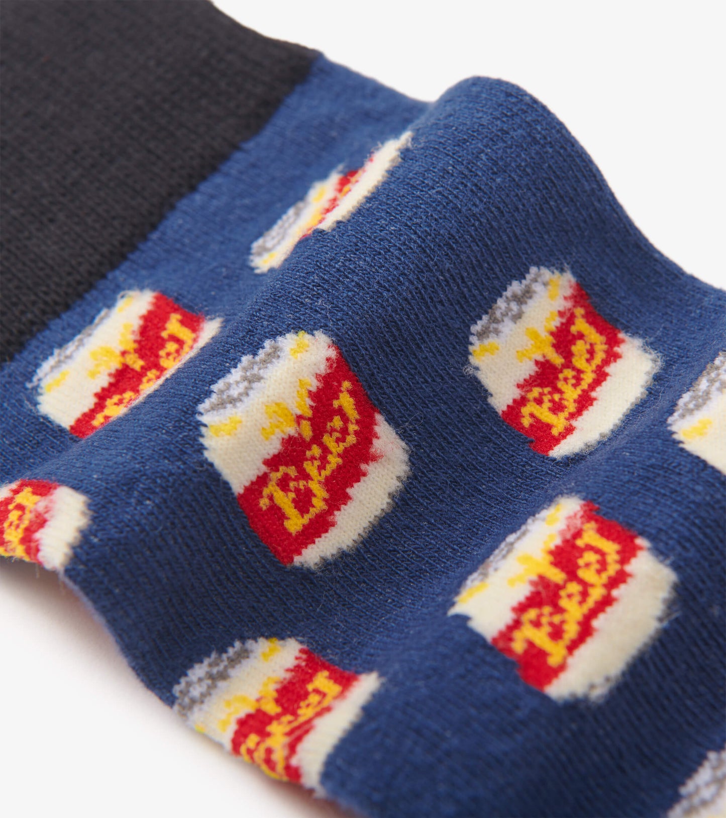 Navy crew socks featuring a playful beer can pattern in red, yellow, and white. Made from soft, comfortable material.