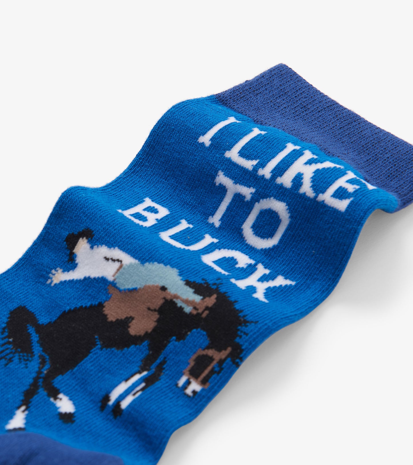 Blue crew socks featuring a playful horse and rider graphic with the text "I LIKE TO BUCK.