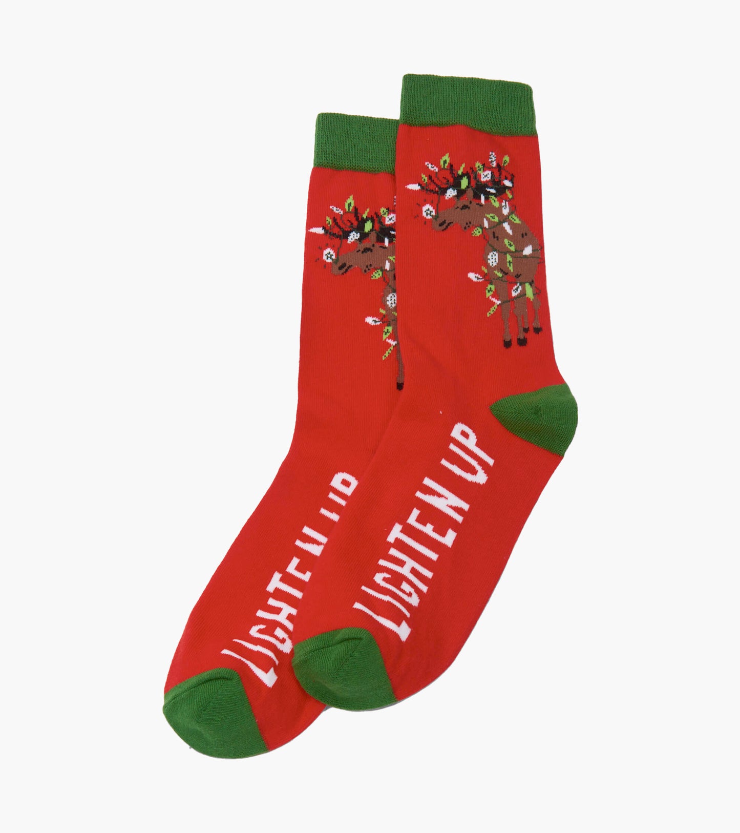 Red crew socks featuring a moose design with festive decorations and green accents. One size fits all.