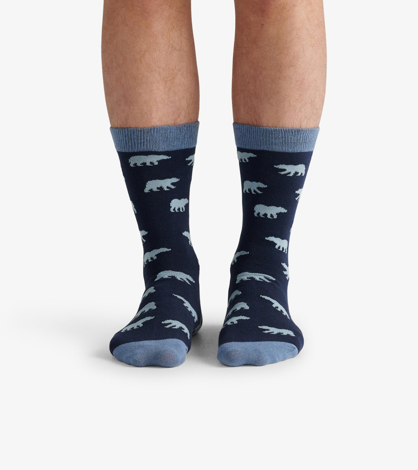 Navy crew socks featuring light blue bear patterns, designed for casual wear. One size fits most.