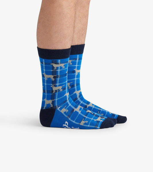 Blue crew socks featuring a plaid pattern with light gray dog silhouettes, designed for casual wear.