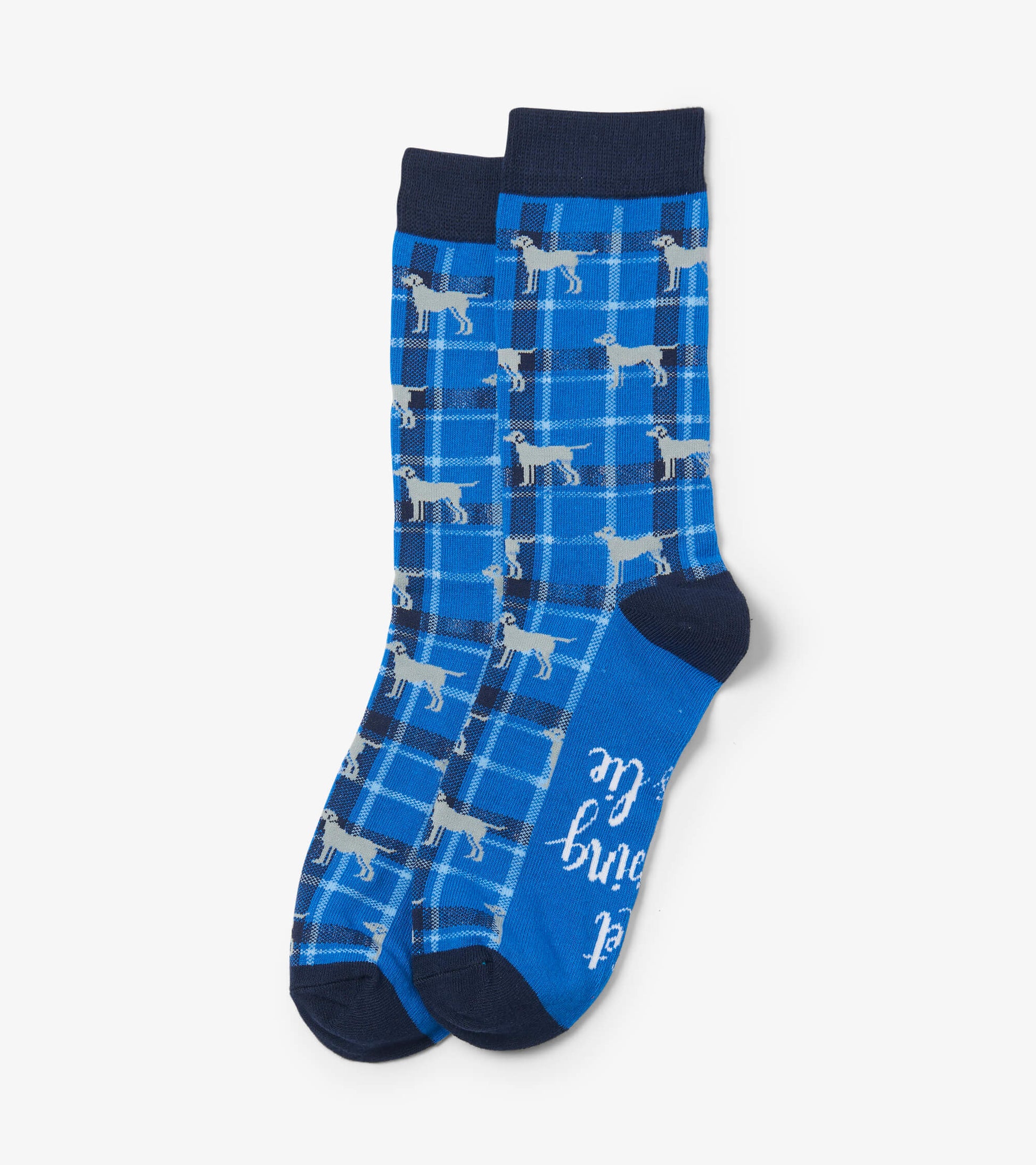 Blue crew socks featuring a plaid pattern with playful dog illustrations and a contrasting solid blue heel and toe.