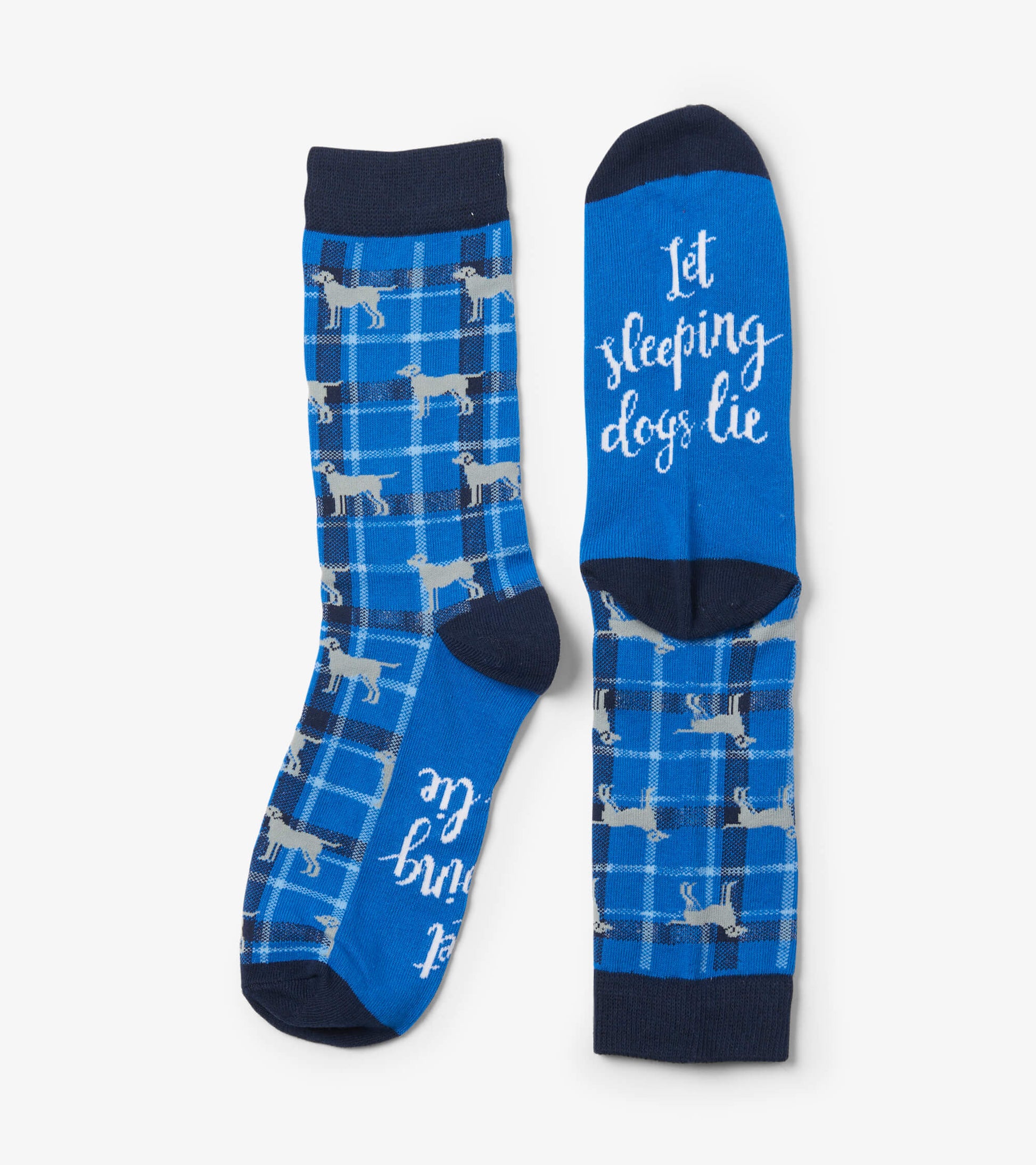 Blue crew socks featuring a plaid pattern with gray dogs and the phrase "Let sleeping dogs lie." One size fits all.