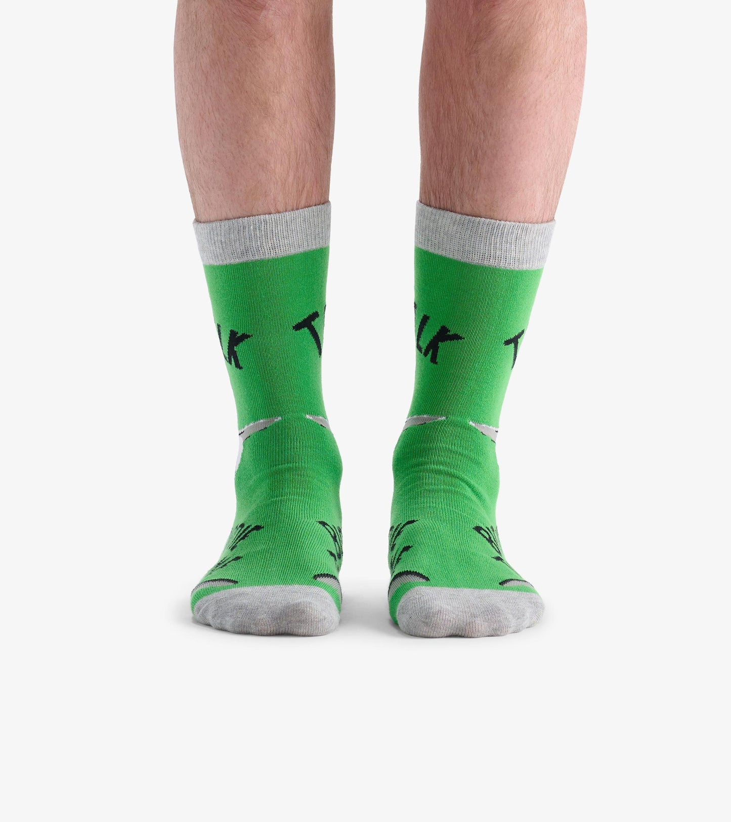 Bright green crew socks with black text and bird graphics, featuring a gray cuff and toe.