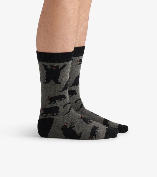 Gray crew socks featuring black bear patterns, with a black cuff and toe. Suitable for casual wear.