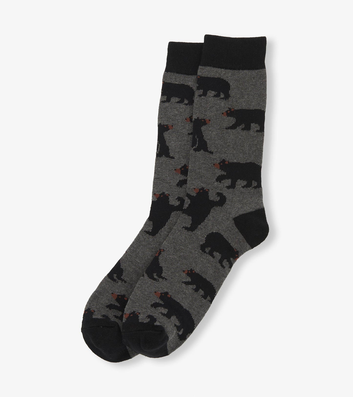 Gray crew socks featuring a bear pattern in black with red accents. Suitable for casual wear.