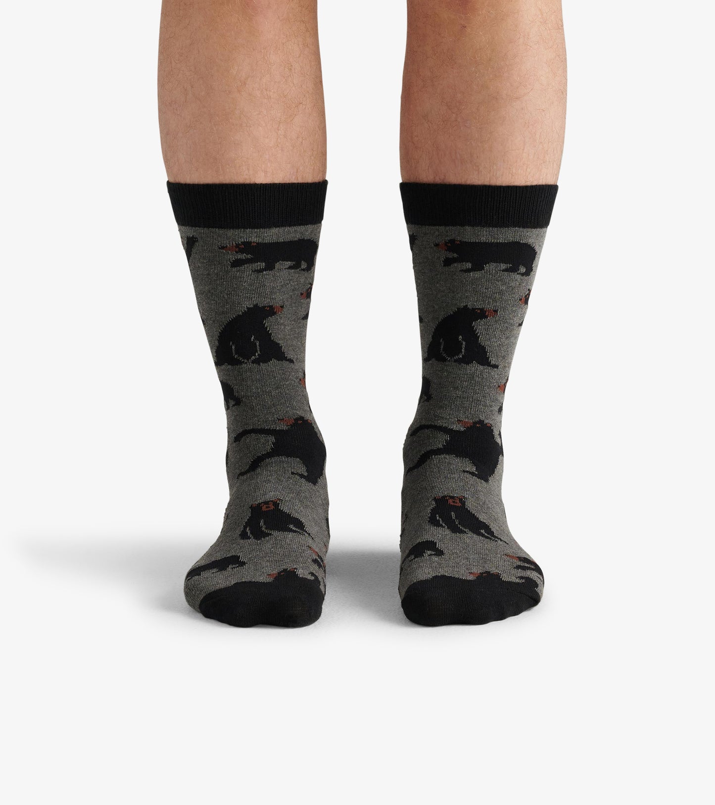 Gray crew socks featuring black bear patterns, with a black ribbed cuff, suitable for casual wear.