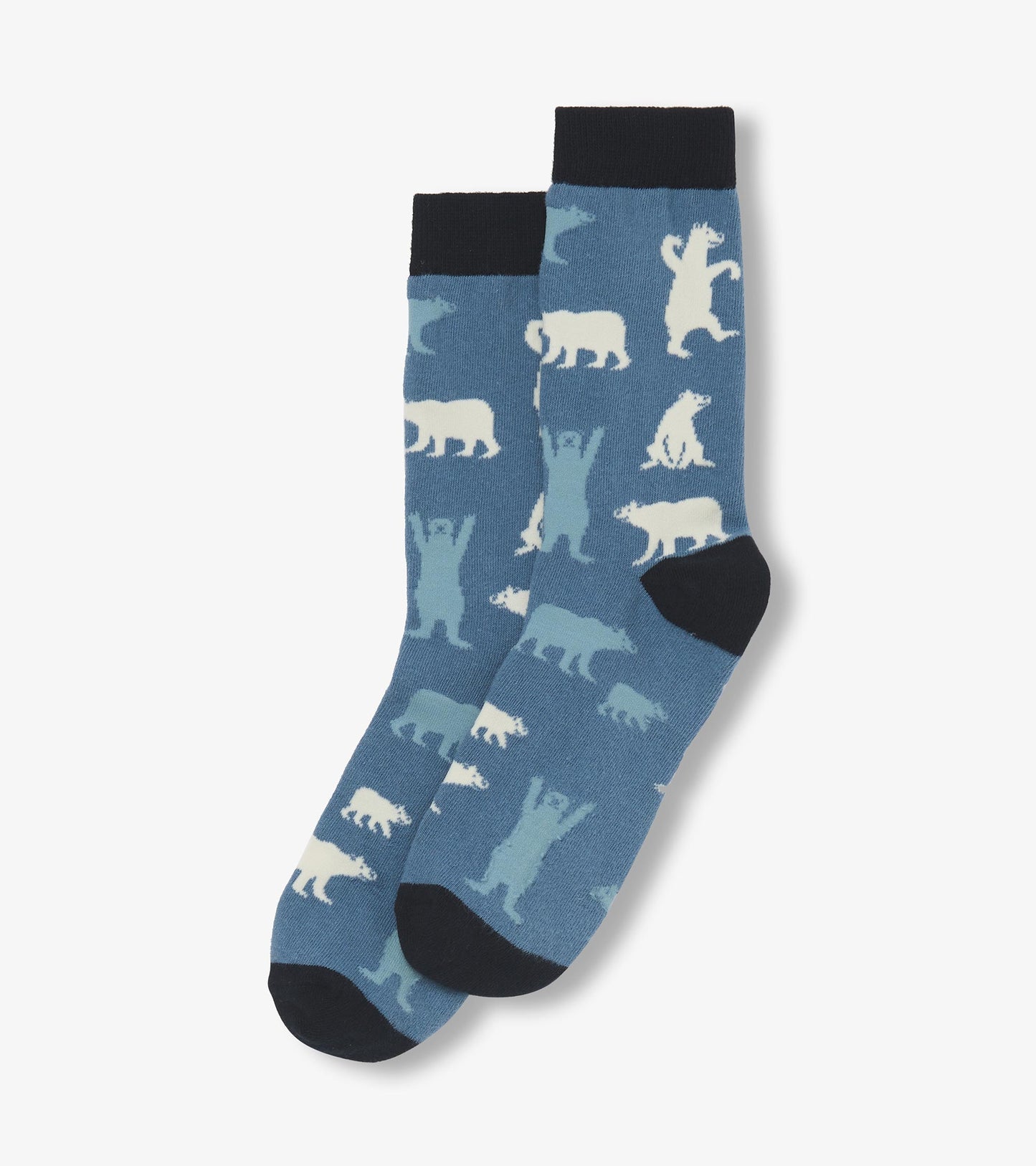 Blue crew socks featuring playful polar bear patterns in white and light blue, with a dark blue cuff and toe.