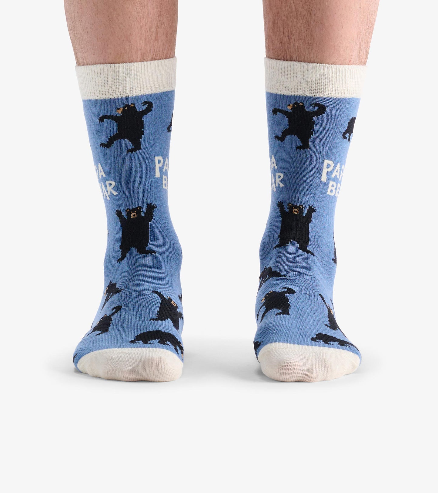 Blue crew socks featuring playful black bear graphics and a white cuff, suitable for casual wear.