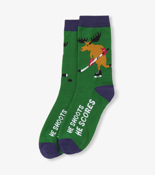 Green crew socks featuring a moose playing hockey, with purple accents and the text "He Shoots He Scores.