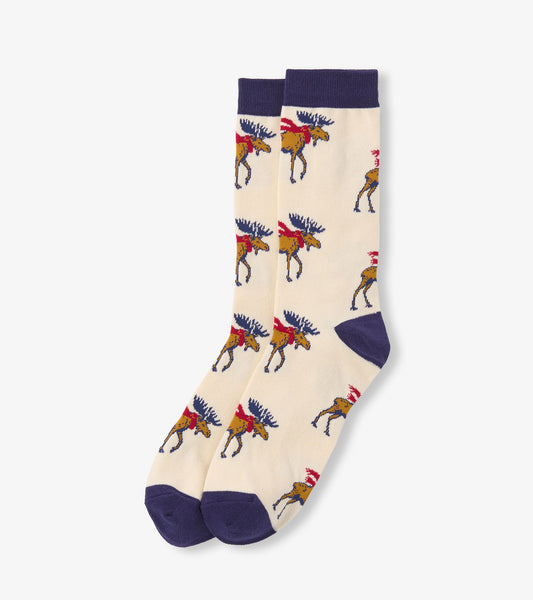 Cream-colored crew socks featuring a moose pattern with navy blue accents at the cuff and toe. One size fits all.
