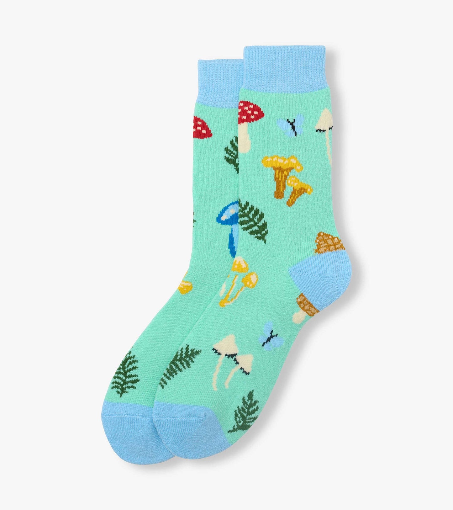 Mint green crew socks with blue cuffs and toes, featuring colorful mushroom and fern pattern, folded pair