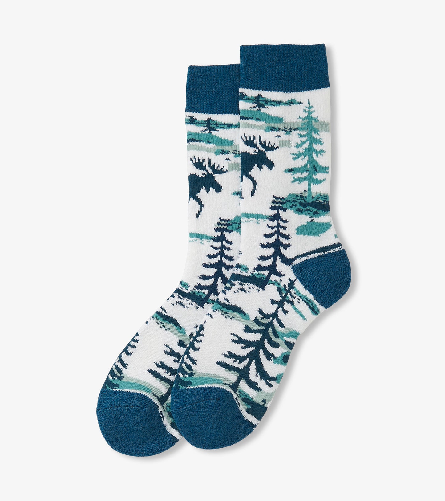 Pair of white crew socks with blue cuffs, heels and toes, featuring moose and pine tree pattern