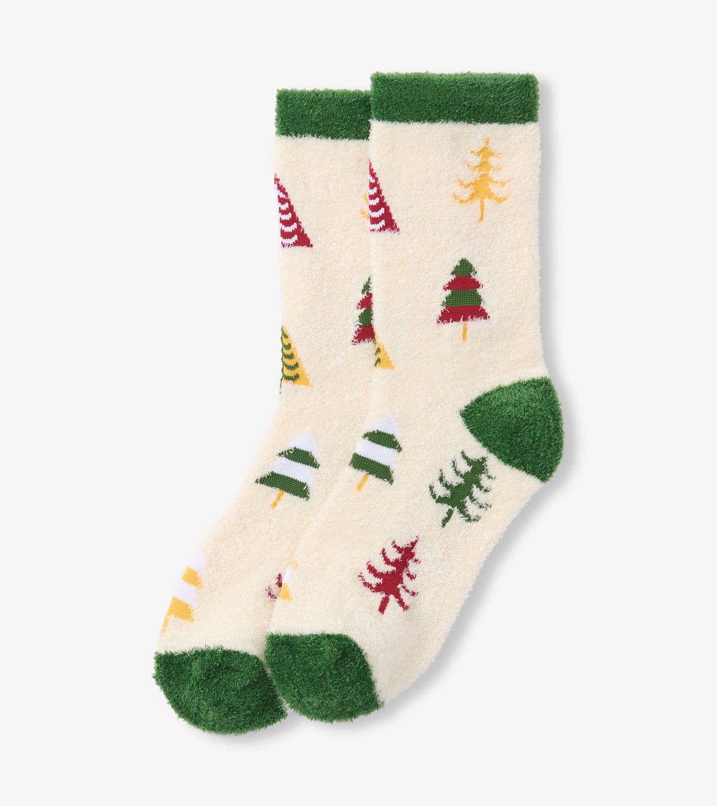Cream fuzzy socks featuring colorful tree patterns and green cuffs and soles. One size fits most.