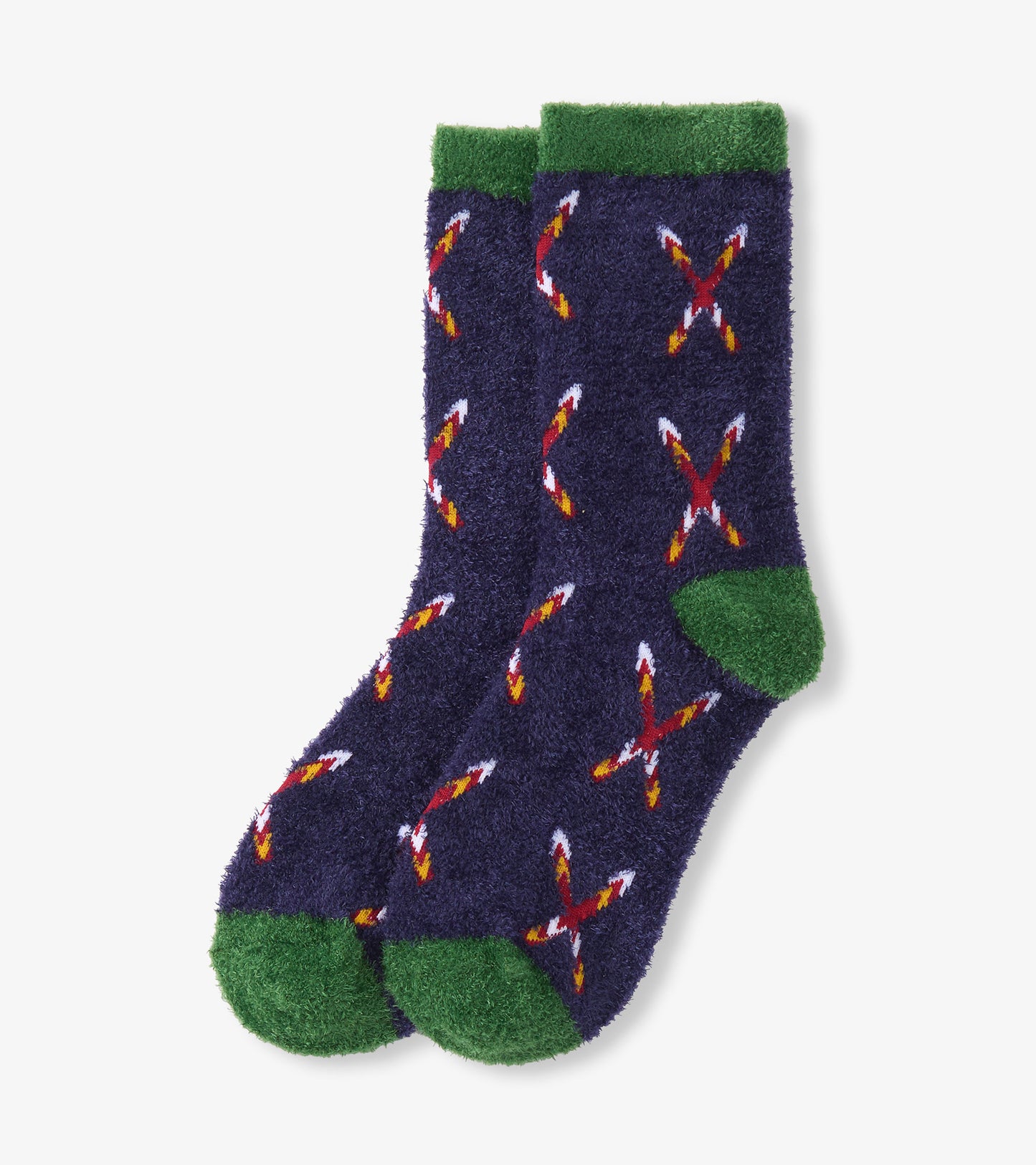 Navy fuzzy socks with green accents and a crossed skis pattern in red, white, and yellow. One size.