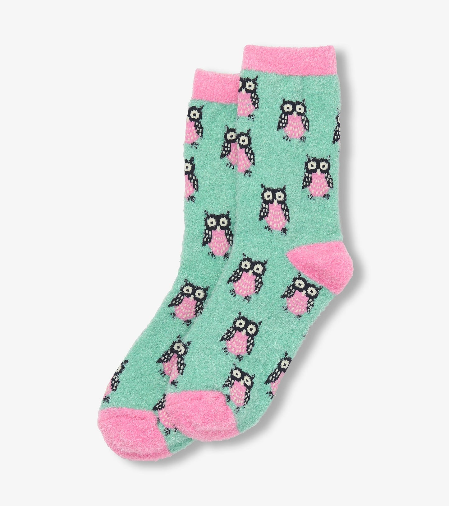 Fuzzy mint green socks featuring a playful owl pattern with pink accents on the cuffs and toes. One size fits all.