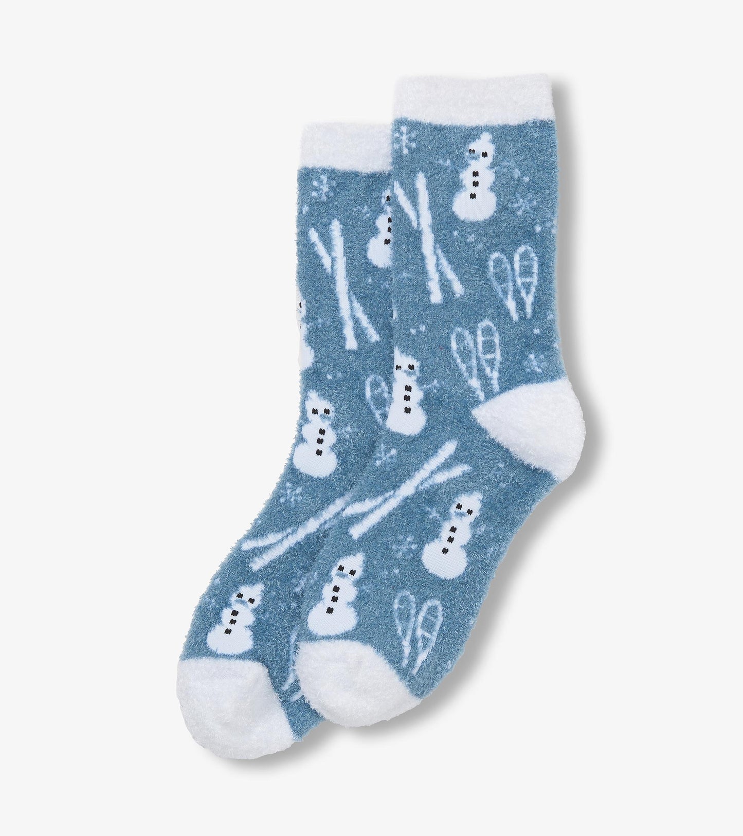 Fuzzy blue socks featuring white snowman and ski patterns, with a soft white cuff and sole. One size fits all.