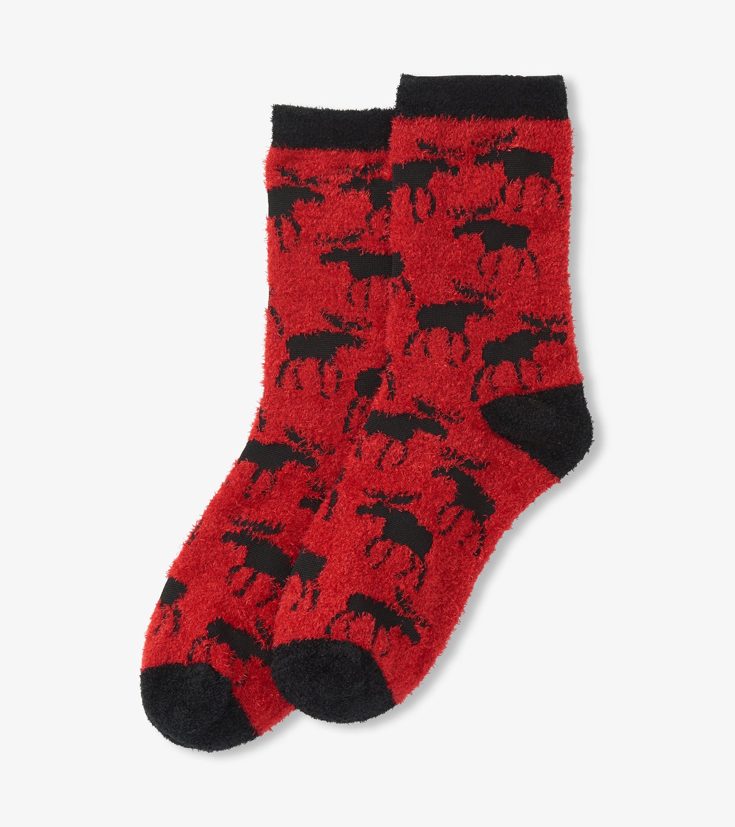 Red fuzzy socks featuring a black moose pattern and black accents at the cuff and toe. One size fits most.