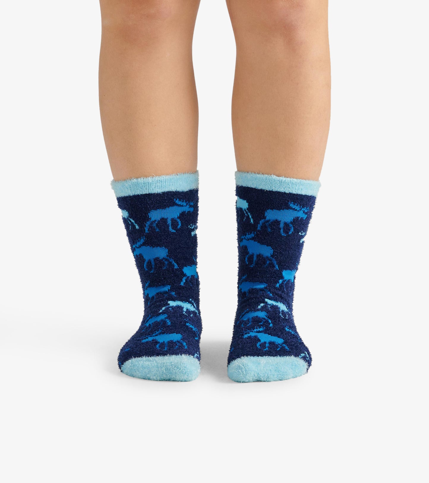 Cozy blue fuzzy socks featuring a moose pattern, with a light blue cuff, suitable for keeping feet warm.
