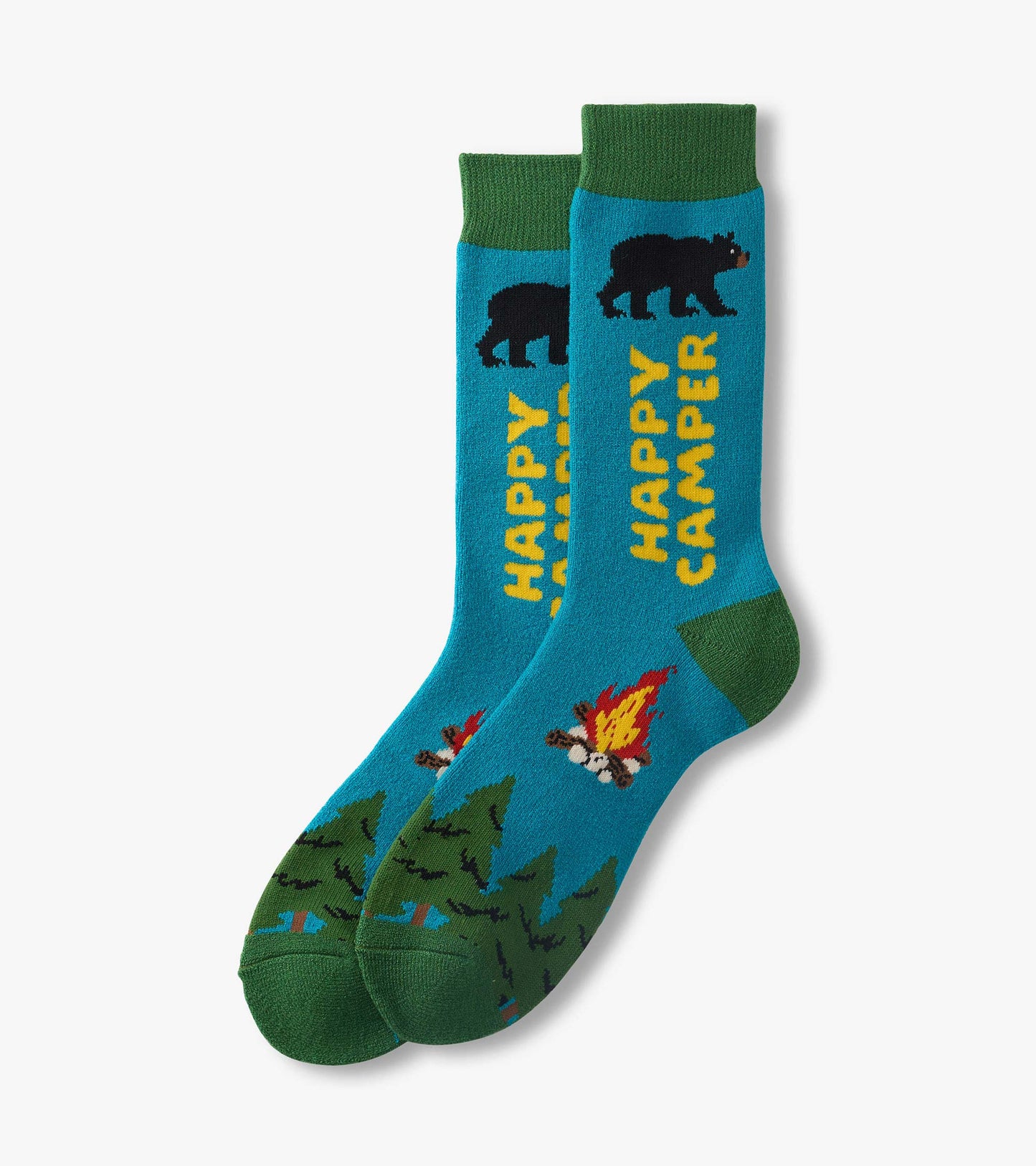 Blue and green crew socks with bear, campfire, and pine tree patterns and "Happy Camper" text, pair shown front view