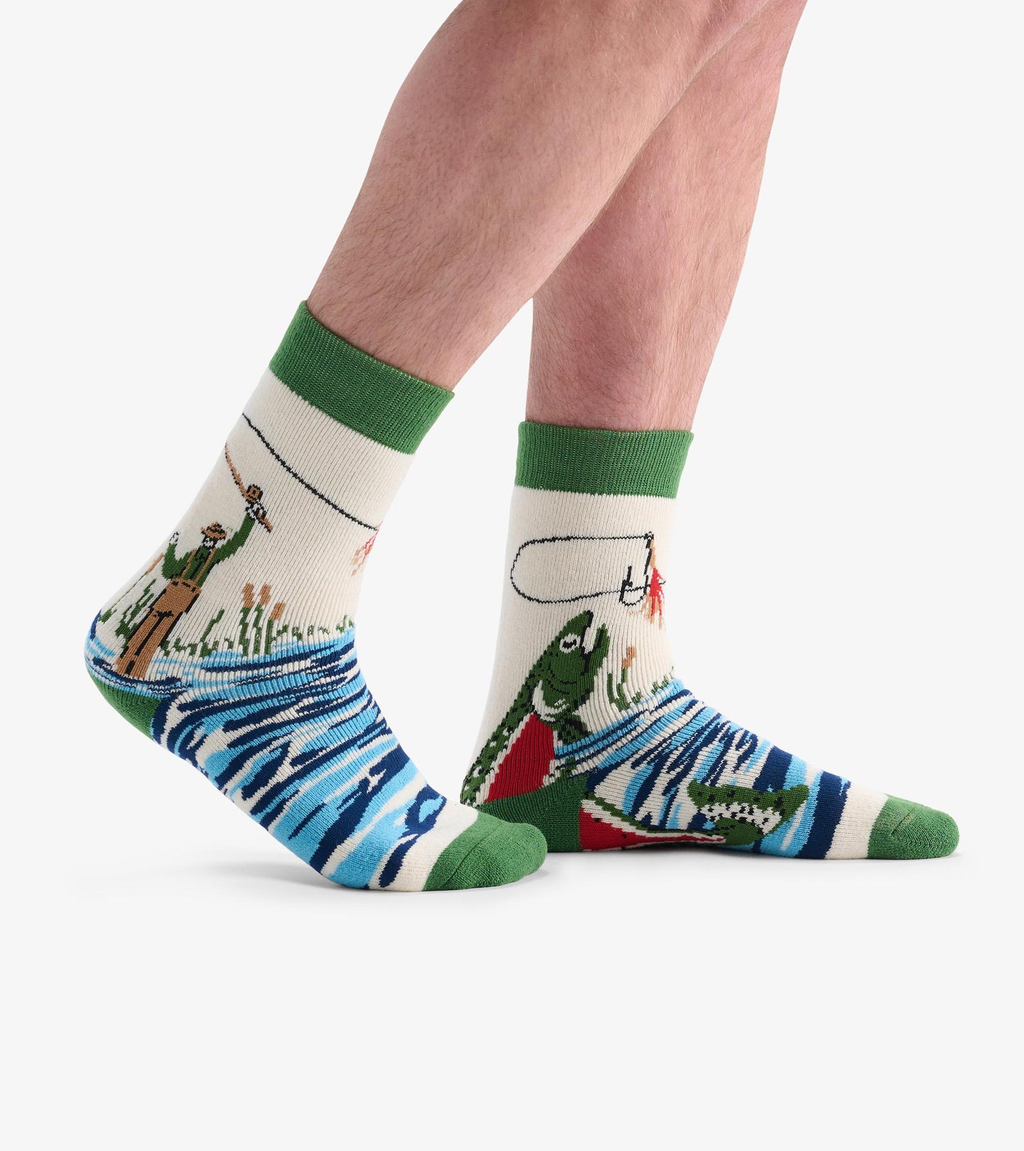 Cozy adult socks featuring a fishing theme with green accents, depicting fish and a fisherman against a blue water pattern.