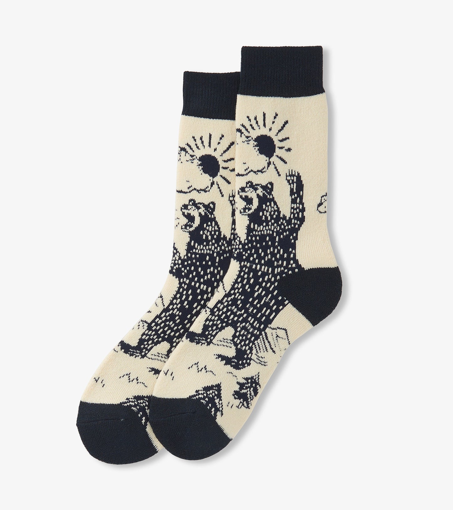 Cream socks featuring black grizzly bears and sun designs, with a contrasting dark cuff and toe. One size fits all.