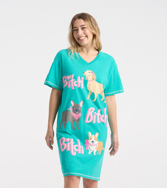 Turquoise sleepshirt featuring playful dog graphics and the word "Bitch" in pink, with a relaxed V-neck design.