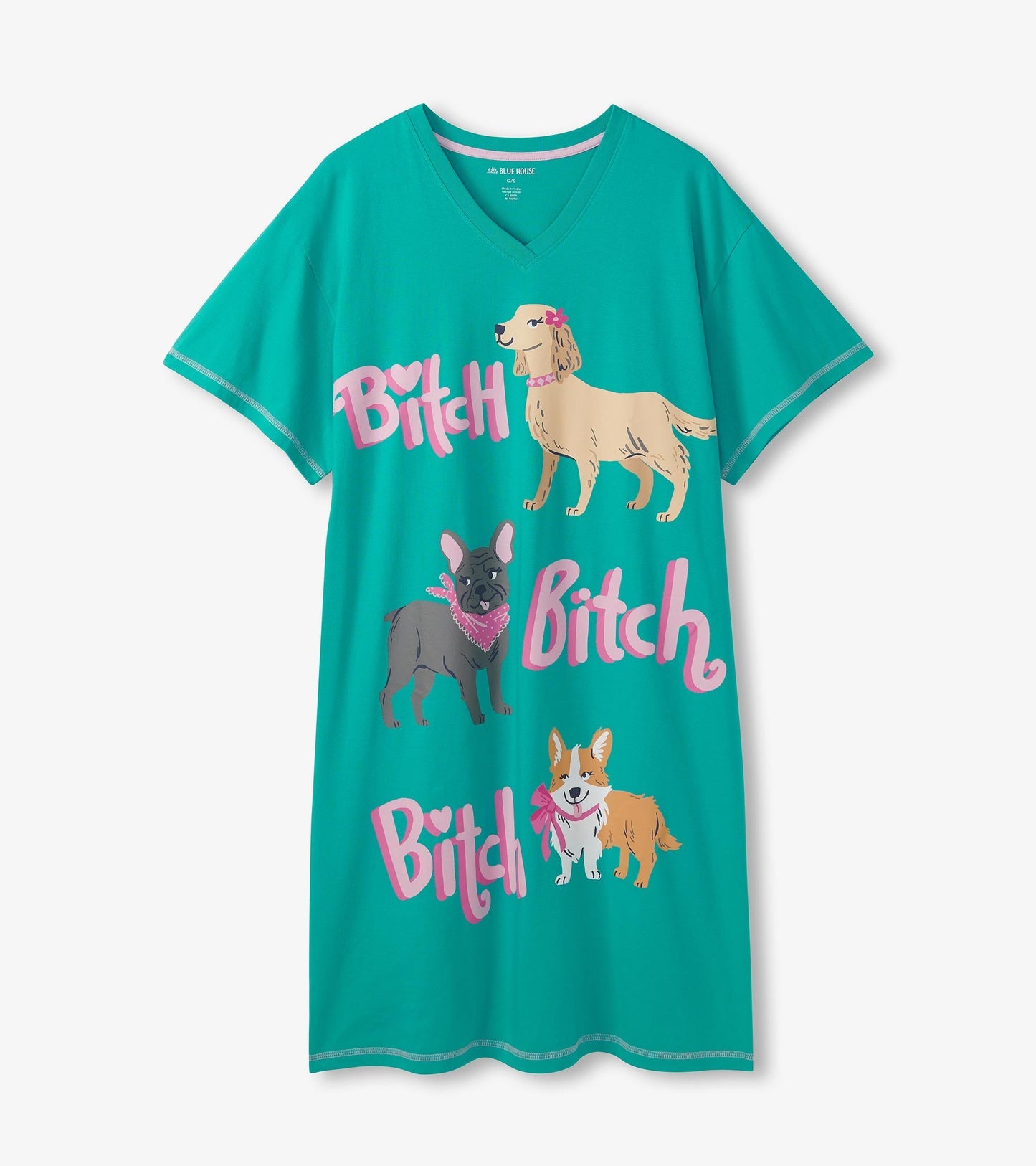 Teal sleepshirt featuring playful dog illustrations and the word "Bitch" in pink, with a V-neck and short sleeves.