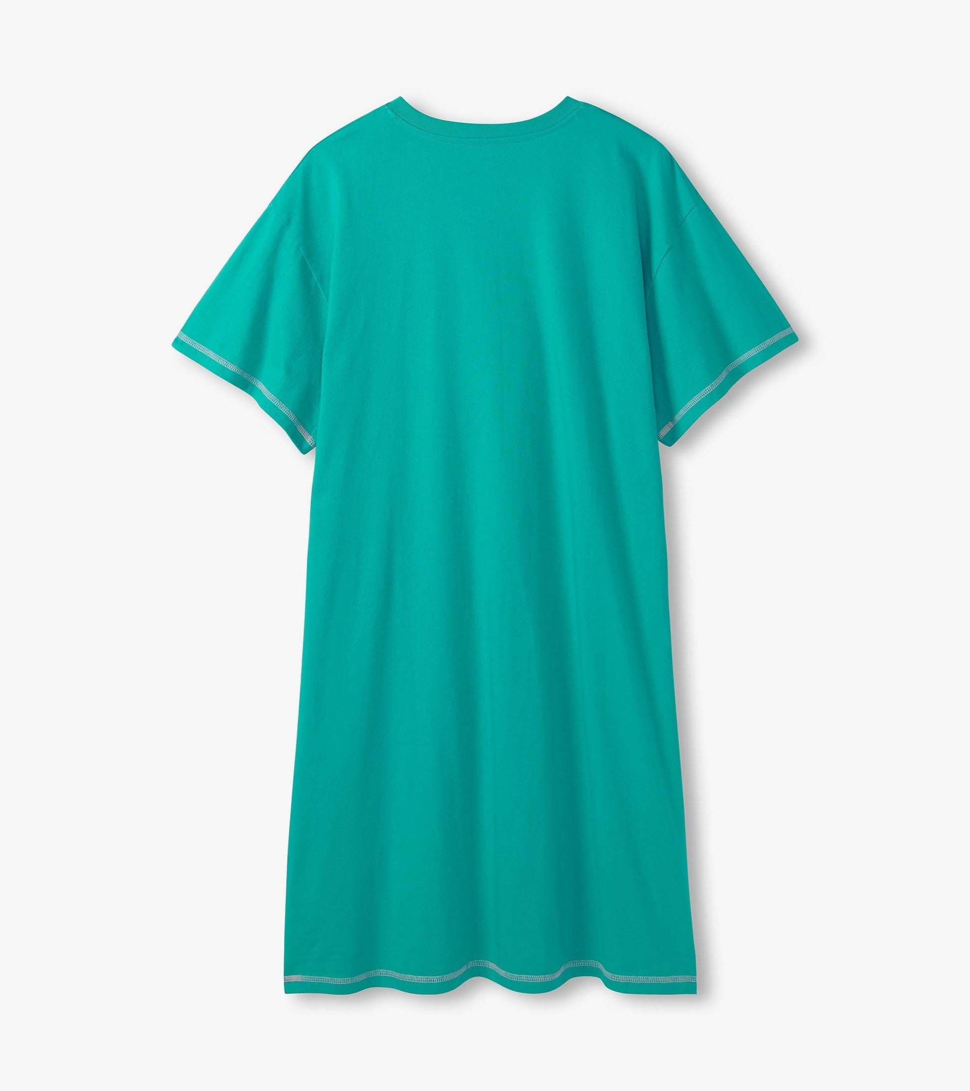 Turquoise sleepshirt with short sleeves and a round neckline, featuring a relaxed fit and a curved hem.