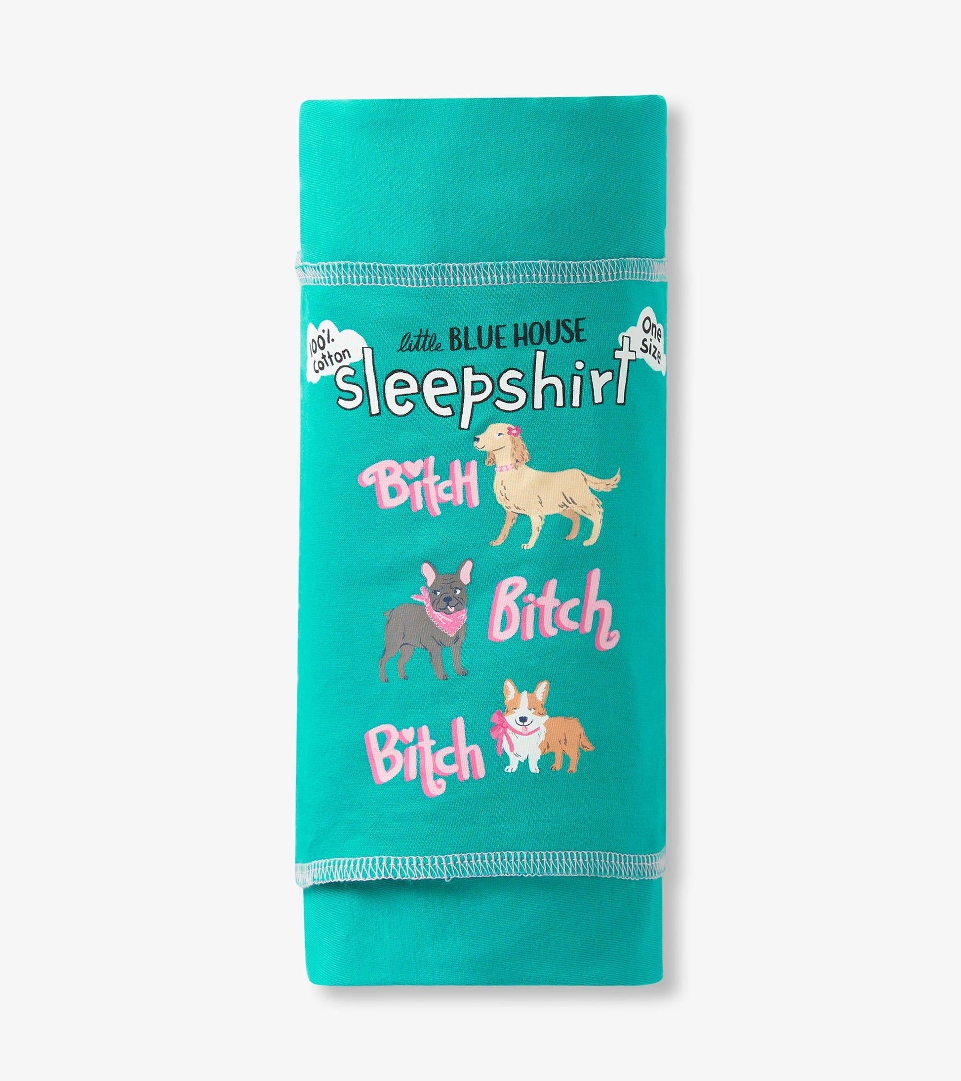 Turquoise cotton sleepshirt featuring playful dog graphics and the word "Bitch" in pink lettering. One size.