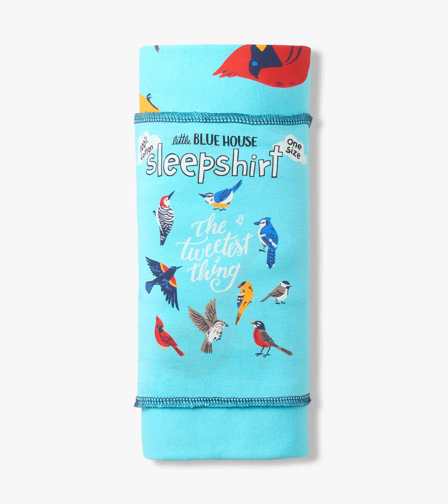 Folded aqua sleepshirt with bird print, wrapped in branded band reading 'sleepshirt' and 'one size
