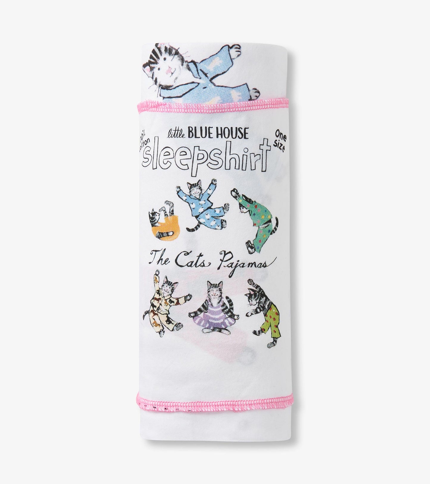 White sleepshirt featuring playful cat illustrations in various pajamas, with pink trim and "The Cats Pajamas" text. One siz…