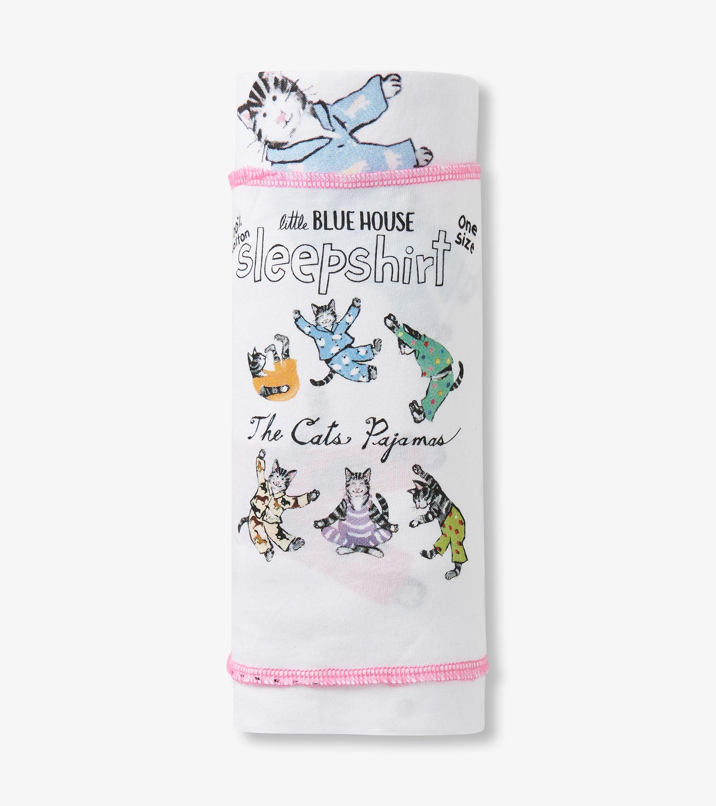 Rolled white sleepshirt with colorful cat print and visible Little Blue House packaging text