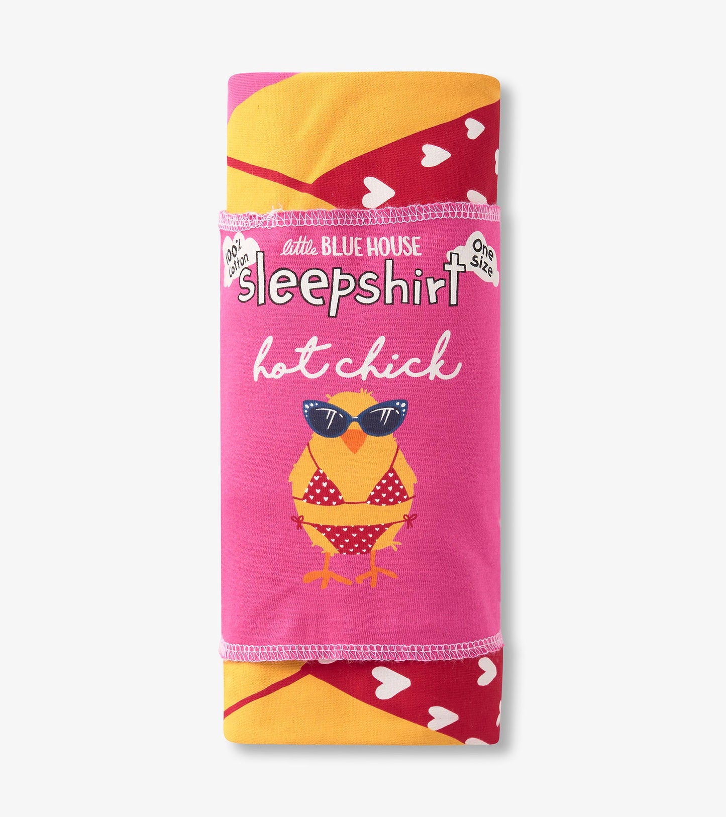 Folded hot pink sleepshirt in branded wrap, showing chick graphic and red heart print bikini detail.