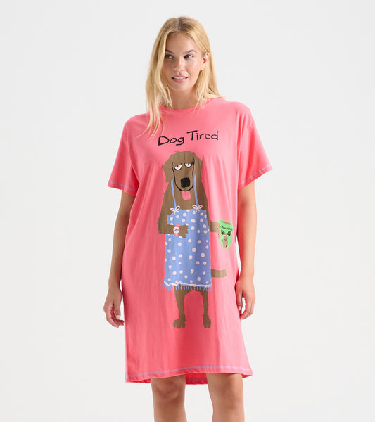 Pink short-sleeve sleepshirt featuring a cartoon dog in a blue polka dot apron with the text "Dog Tired.