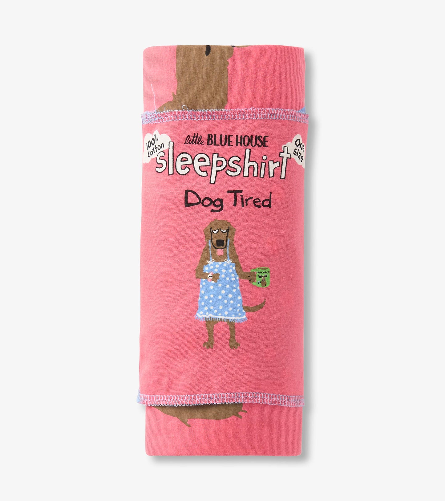 Pink cotton sleepshirt featuring a cartoon dog in a blue polka dot dress, rolled and displayed flat.