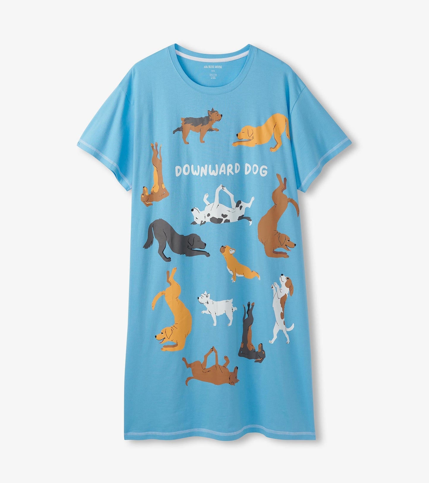 Light blue sleepshirt featuring playful dog illustrations in various poses, designed for comfort and relaxation.