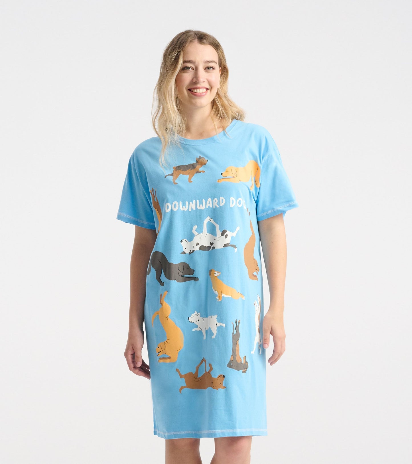 Light blue sleepshirt featuring playful dog graphics and the text "DOWNWARD DOG," designed for comfort and relaxation.