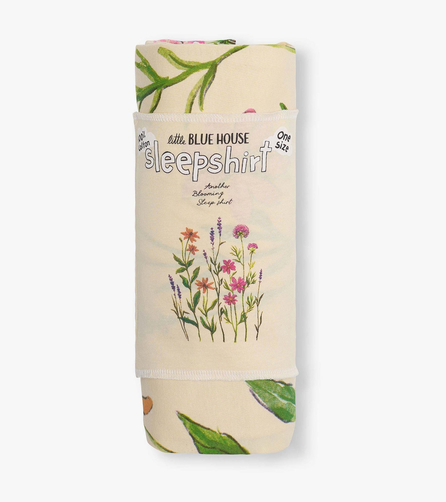 Folded cream sleepshirt with floral print and green leaves, wrapped in a labeled sleeve