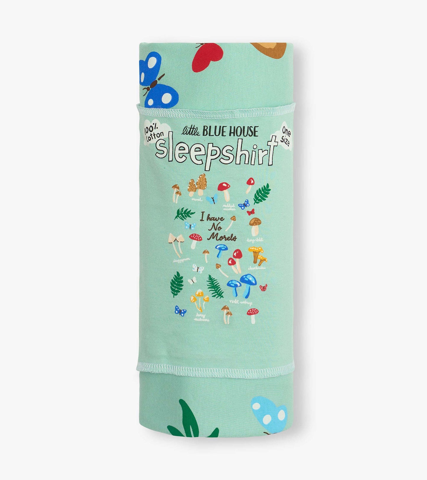 Mint green cotton sleepshirt with mushroom and butterfly print, folded and wrapped with label visible.