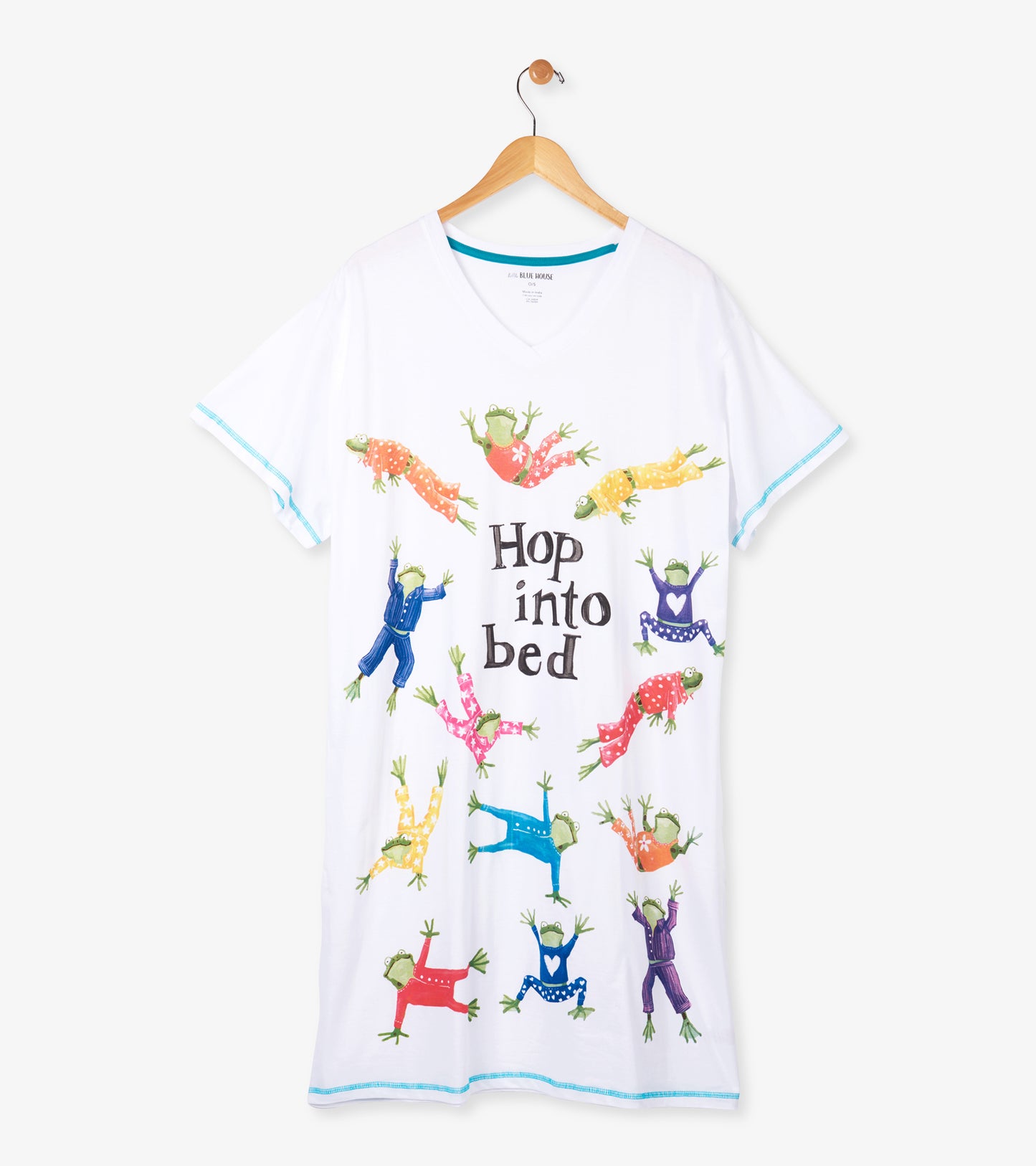White V-neck sleepshirt with colorful frog print and “Hop into bed” text, short sleeves, blue trim, hanging front view