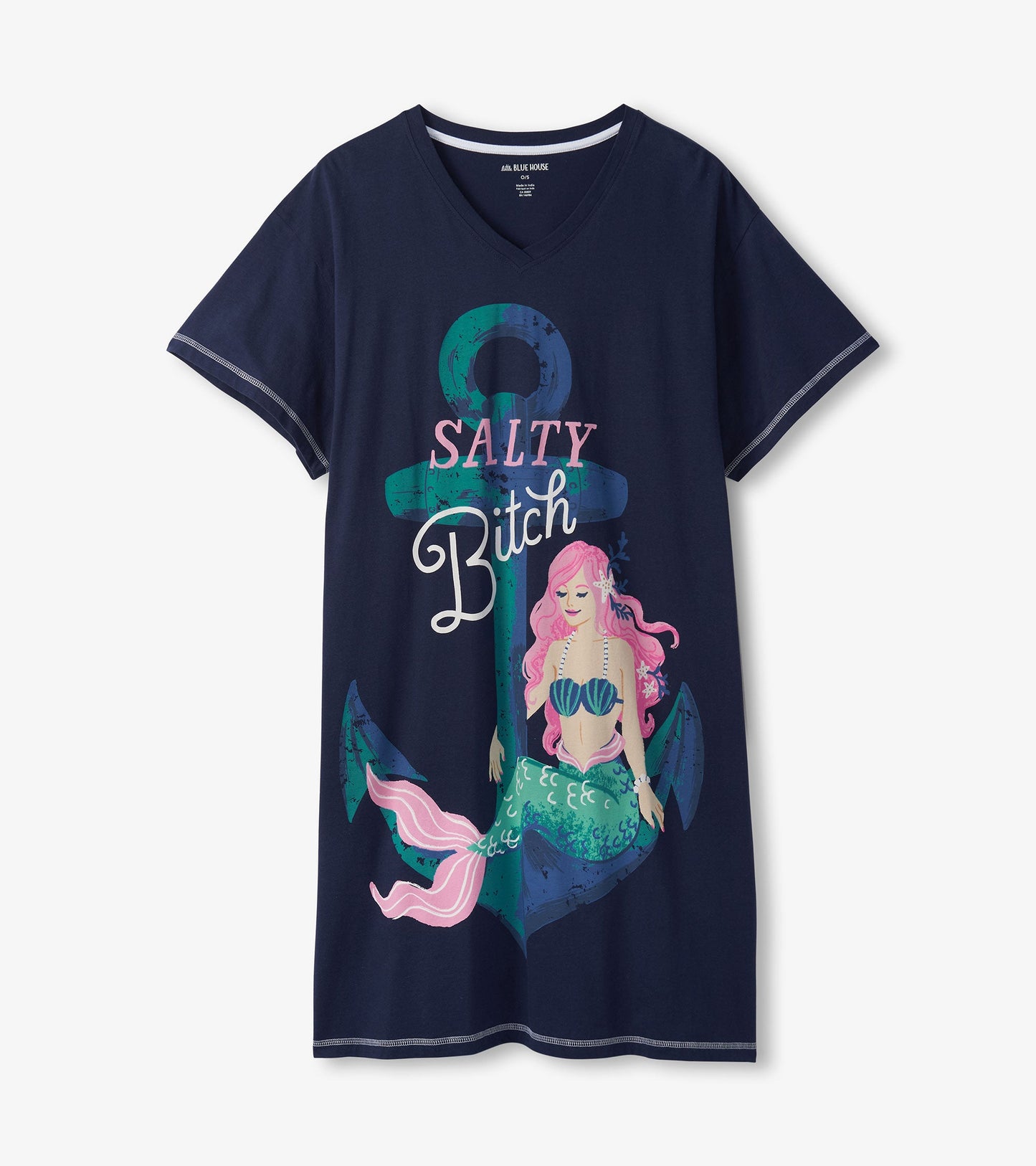 Navy sleepshirt featuring a mermaid graphic with the text "Salty Bitch" in colorful lettering, V-neck design.