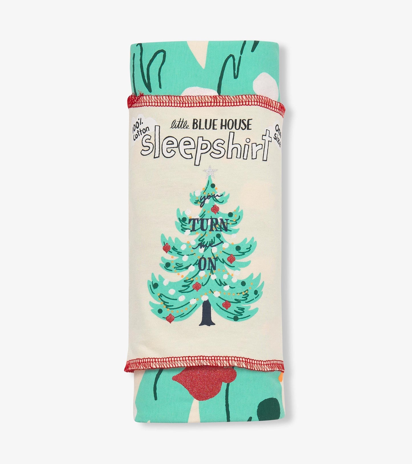 Cotton sleepshirt featuring a festive tree graphic with "TURN ME ON" text, folded with a colorful pattern at the bottom.